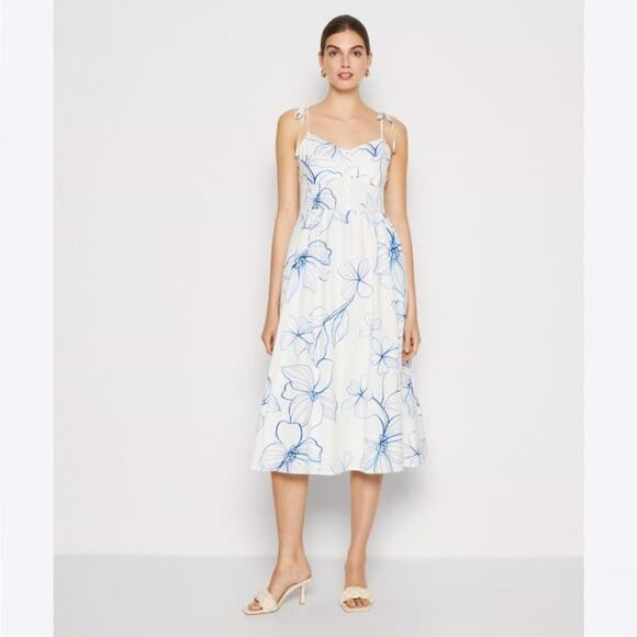 GAP 100% Linen Blue Floral Midi Dress Tie Straps Smocked Back Size XL - Picture 1 of 13